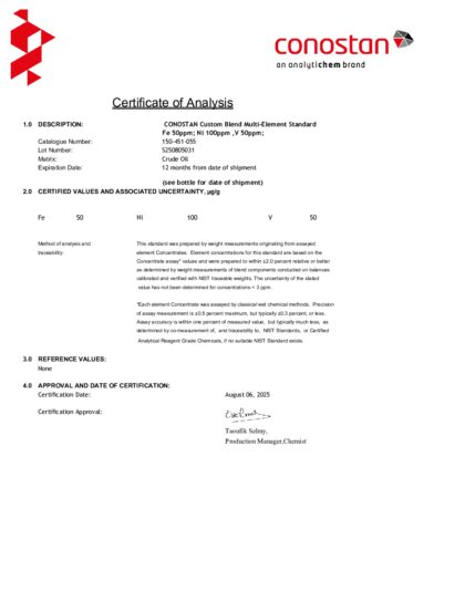 Primeira página: Certificado de análise, lote S250805031