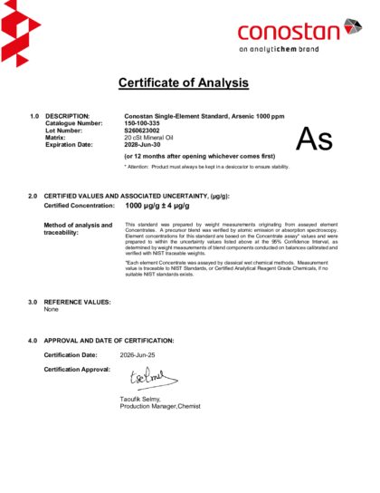 Primeira página: Certificado de análise, lote S260623002