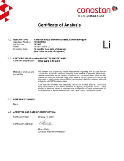 Primeira página: Certificado de análise, lote 507415