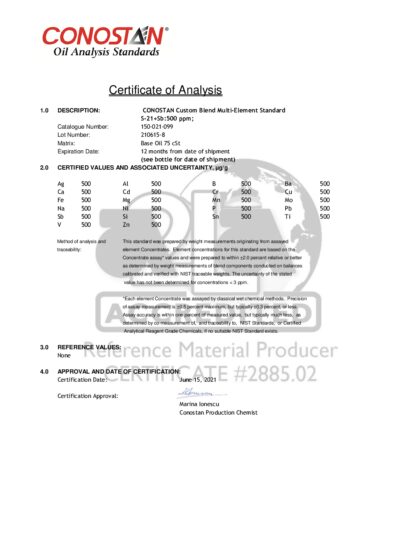 Primeira página: Certificado de análise, lote 210615-8