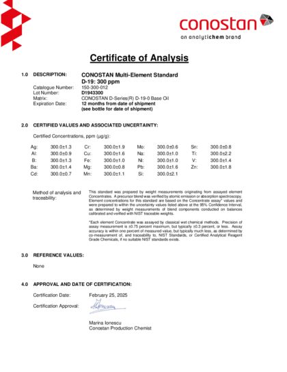 Primeira página: Certificado de análise, lote D1943300