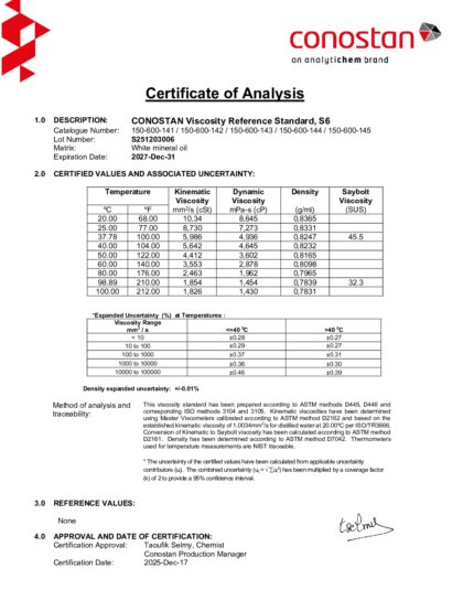 Primeira página: Certificado de análise, lote S251203006