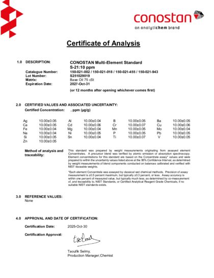 Primeira página: Certificado de análise, lote S251029019