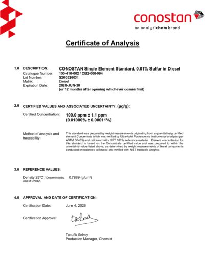 Primeira página: Certificado de análise, lote S260526031