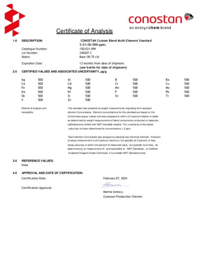 Primeira página: Certificado de análise, lote 240207-2