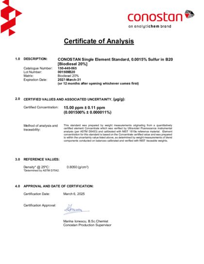 Primeira página: Certificado de análise, lote 001509B20