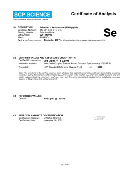 Primeira página: Certificado de análise, lote S251118002
