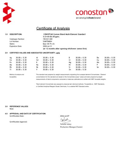 Primeira página: Certificado de análise, lote S260706004