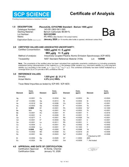 Primeira página: Certificado de análise, lote S251223006