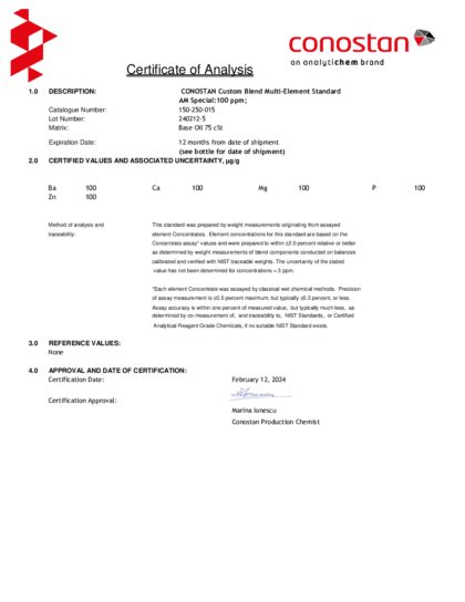 Primeira página: Certificado de análise, lote 240212-5
