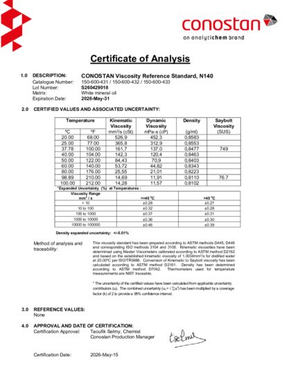 Primeira página: Certificado de análise, lote S260429018