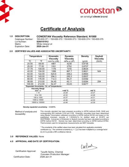 Primeira página: Certificado de análise, lote S260107012