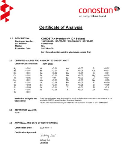Primeira página: Certificado de análise, lote S251105023