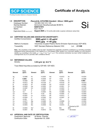 Primeira página: Certificado de análise, lote S260727076
