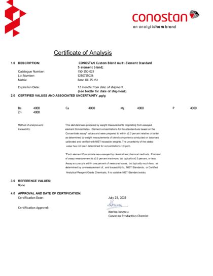 Primeira página: Certificado de análise, lote S250725026