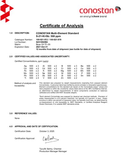 Primeira página: Certificado de análise, lote S251002002