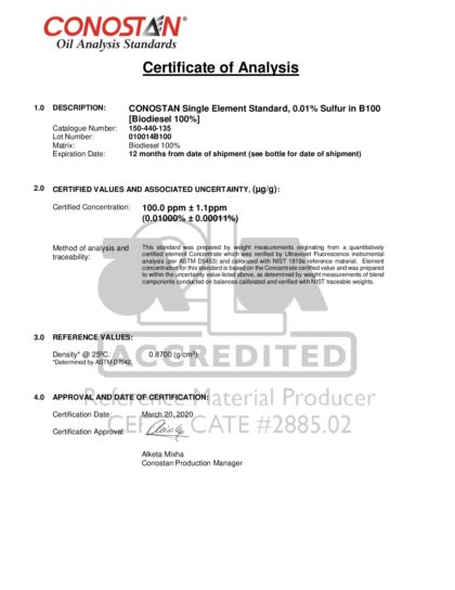 Primeira página: Certificado de análise, lote 010014B100