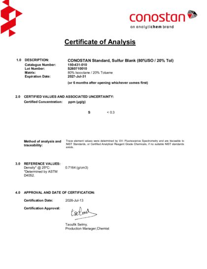 Primeira página: Certificado de análise, lote S260710010