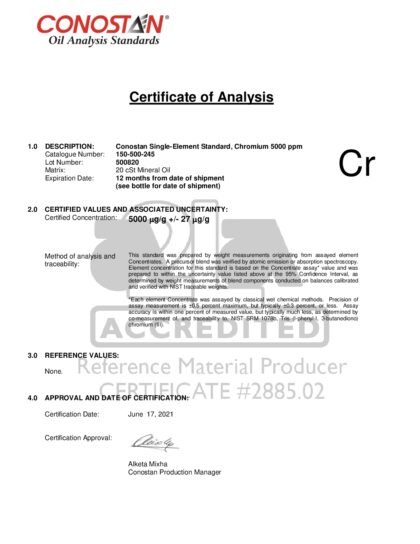 Primeira página: Certificado de análise, lote 500820