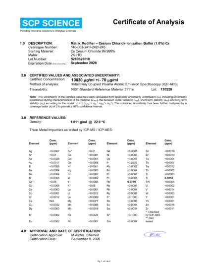 Primeira página: Certificado de análise, lote S260826018