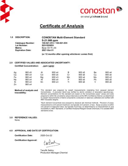 Primeira página: Certificado de análise, lote S251020035