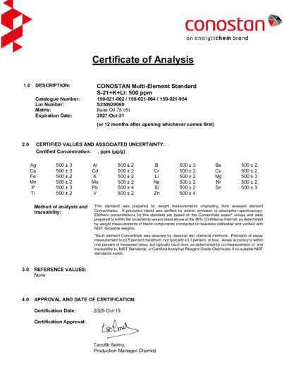 Primeira página: Certificado de análise, lote S250929060