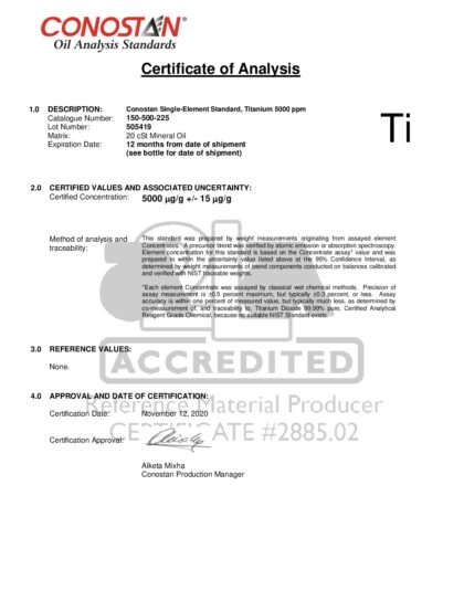Primeira página: Certificado de análise, lote 505419