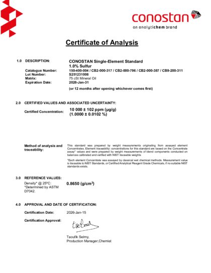 Primeira página: Certificado de análise, lote S251231008