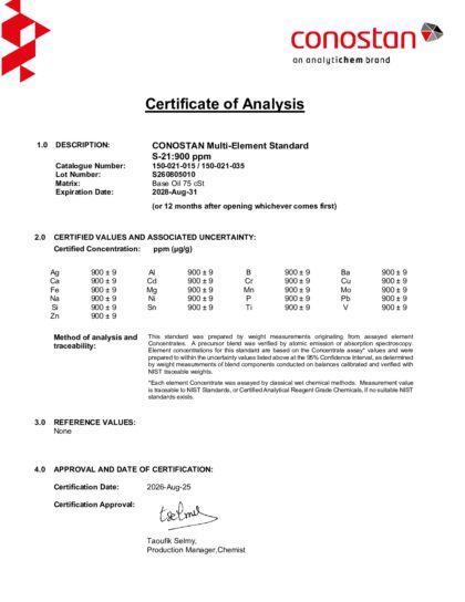 Primeira página: Certificado de análise, lote S260805010