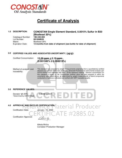 Primeira página: Certificado de análise, lote 001506B20