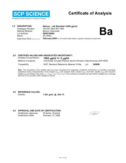 Primeira página: Certificado de análise, lote S260126054