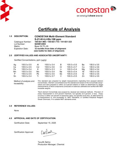 Primeira página: Certificado de análise, lote S250912053