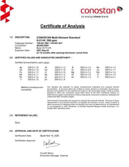 Primeira página: Certificado de análise, lote S250912050