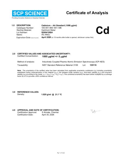 Primeira página: Certificado de análise, lote S260410024