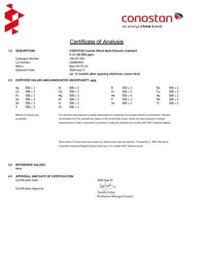 Primeira página: Certificado de análise, lote S260824041