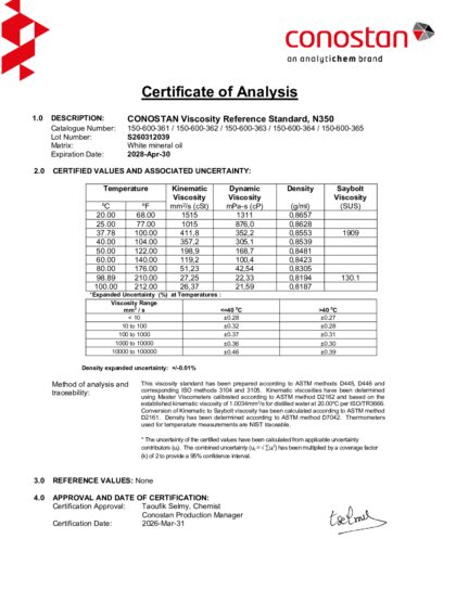 Primeira página: Certificado de análise, lote S260312039