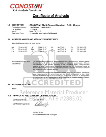 Primeira página: Certificado de análise, lote 12135030