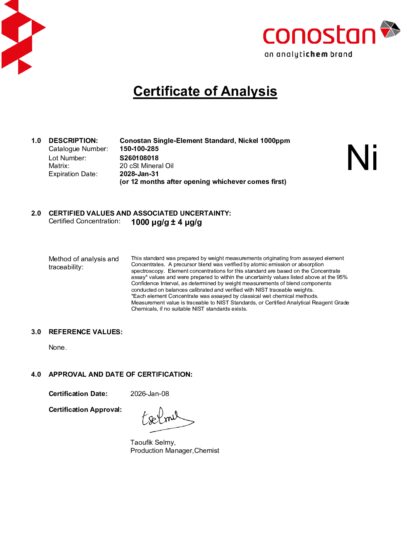 Primeira página: Certificado de análise, lote S260108018