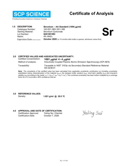 Primeira página: Certificado de análise, lote S261001003