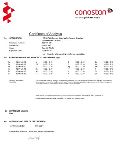 Primeira página: Certificado de análise, lote S261013067