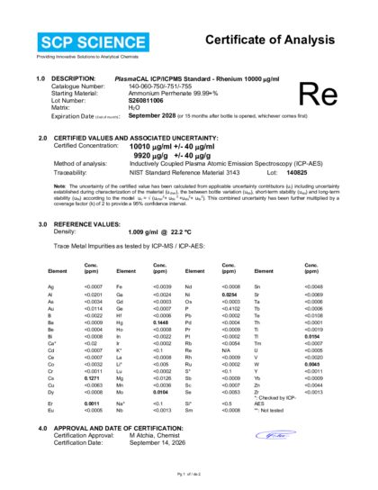 Primeira página: Certificado de análise, lote S260811006