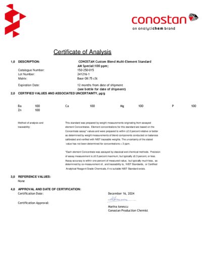 Primeira página: Certificado de análise, lote 241216-1