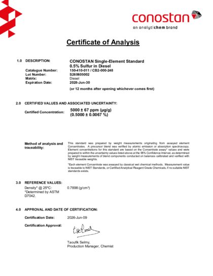 Primeira página: Certificado de análise, lote S260605002
