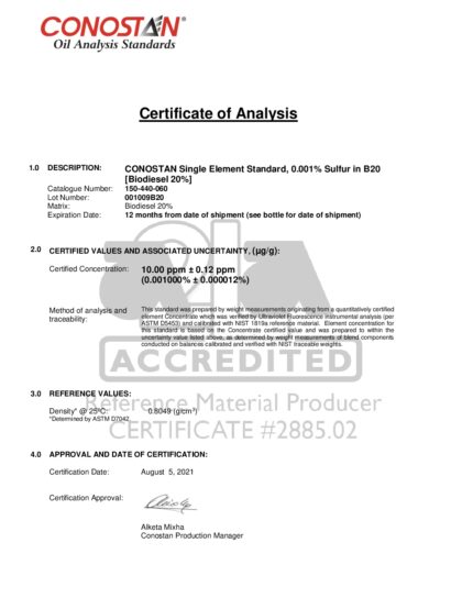 Primeira página: Certificado de análise, lote 001009B20