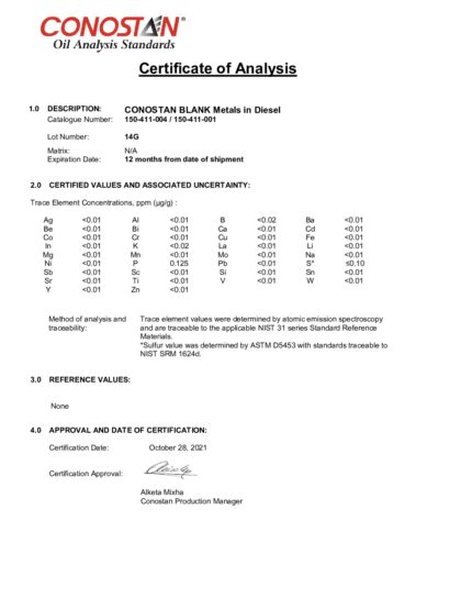 Primeira página: Certificado de análise, lote 14G