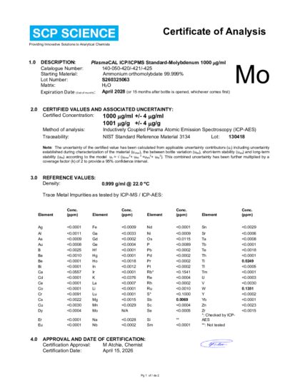 Primeira página: Certificado de análise, lote S260325063
