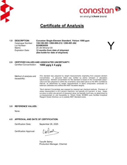 Primeira página: Certificado de análise, lote S250926026