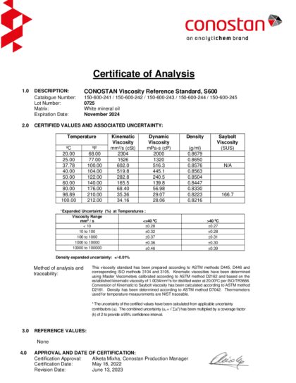 Primeira página: Certificado de análise, lote 0725
