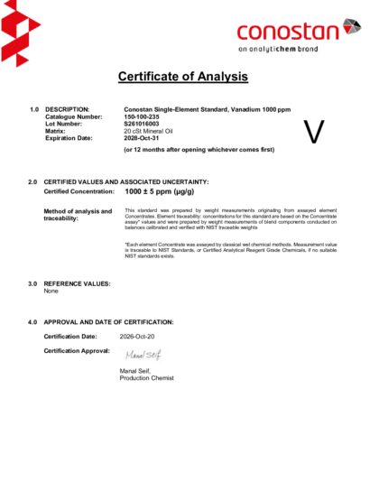 Primeira página: Certificado de análise, lote S261016003