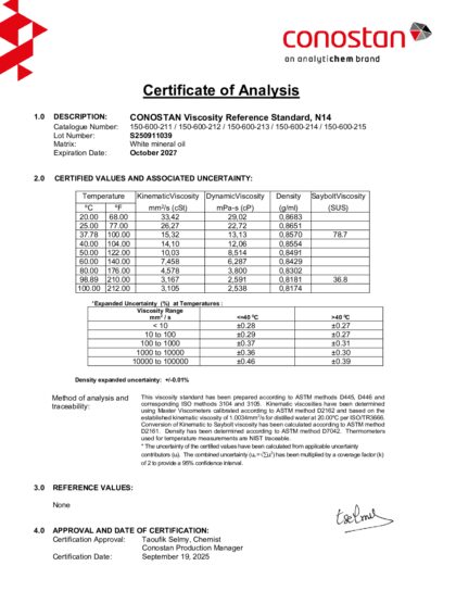 Primeira página: Certificado de análise, lote S250911039